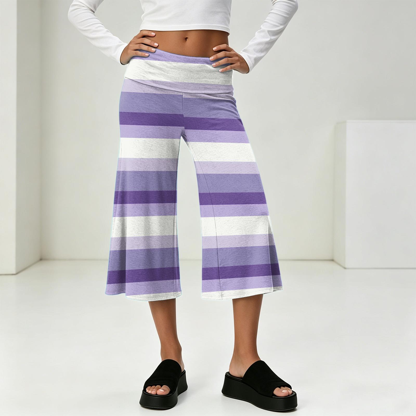 

Women s High Waist Wide Leg Cropped Pants Summer Casual Vacation Loose Fit Lightweight Trousers with Elastic Waistband and Pockets M фіолетовий