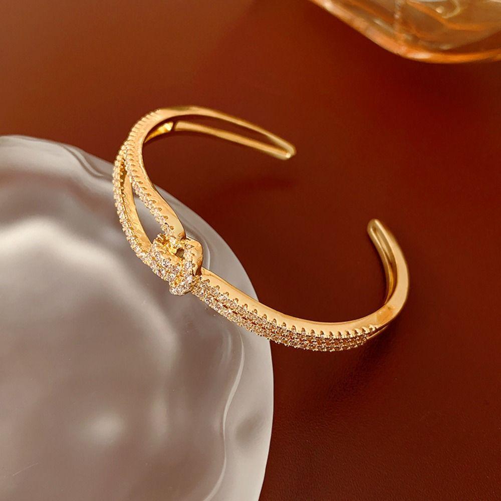 Crystal Knot Cross Wide Open Bangle Light Luxury Rhinestone Bracelet Creative Cuff Bangles  Gift