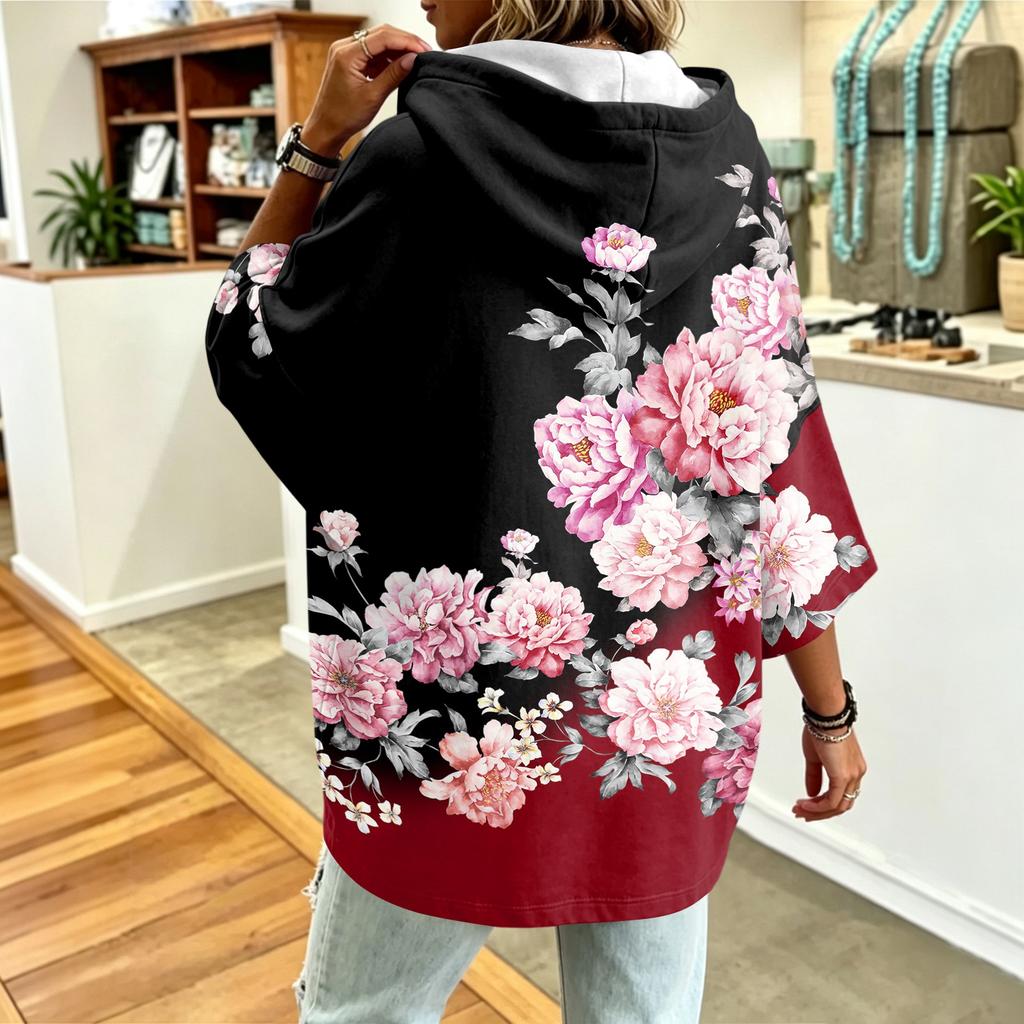 Women's Vintage Floral Print Drawstring Hoodie - Casual Loose Fit Sweatshirt Top