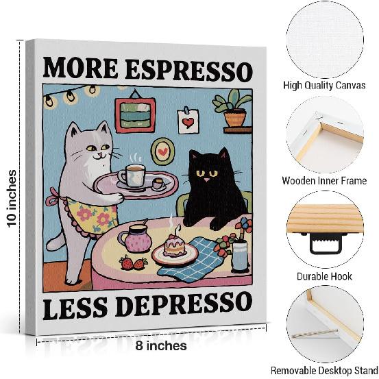 Coffee Cat Kitchen Canvas Wall Art More Espresso Less Depresso Black Cat Poster Print Wall Decor Cats Coffee Painting for Home Kitchen Dining Room