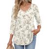 Womens 3/4 Sleeve V Neck Button Detail Floral Print Tunic Top Casual Lightweight Blouse for Daily Wear
