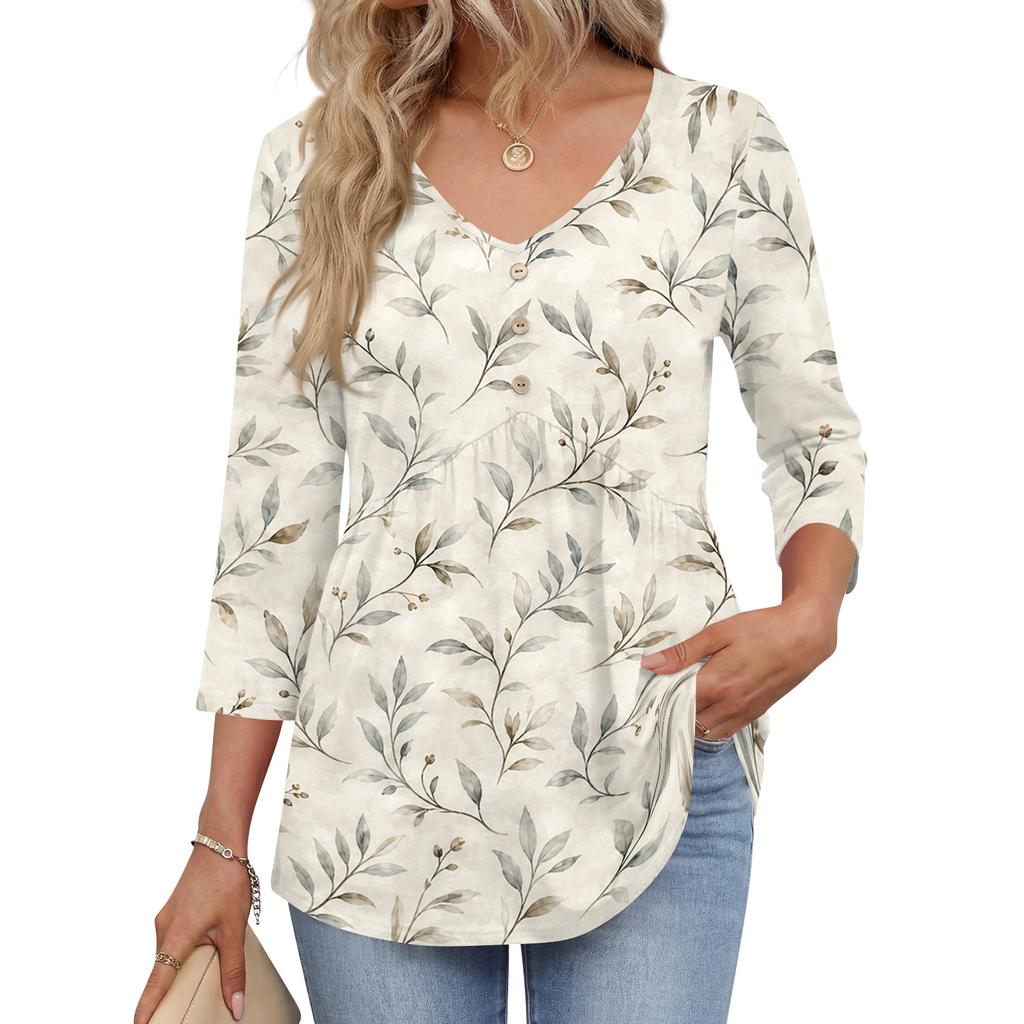 Womens 3/4 Sleeve V Neck Button Detail Floral Print Tunic Top Casual Lightweight Blouse for Daily Wear