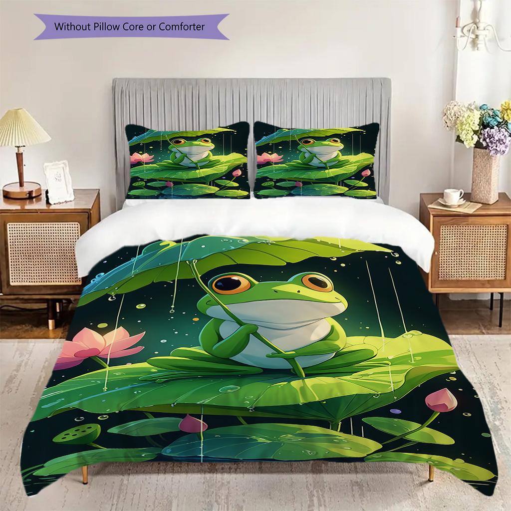 Frog Pattern Bedding Quilt Set Quilt Cover Pillowcase Home Decoration Birthday Gift (1 * Duvet Cover + 2 * Pillowcase, Without Core)