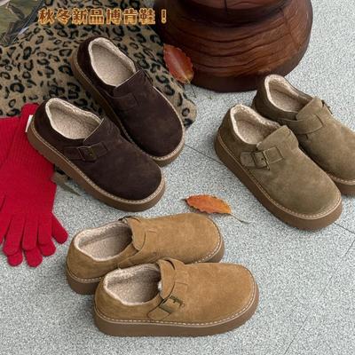 Modische Birkenstocks aus echtem Leder mit Muffin-Plateausohle, matt, Damen 2025, neue Winter-Samt-verdickte, lässige, warme Baumwollschuhe