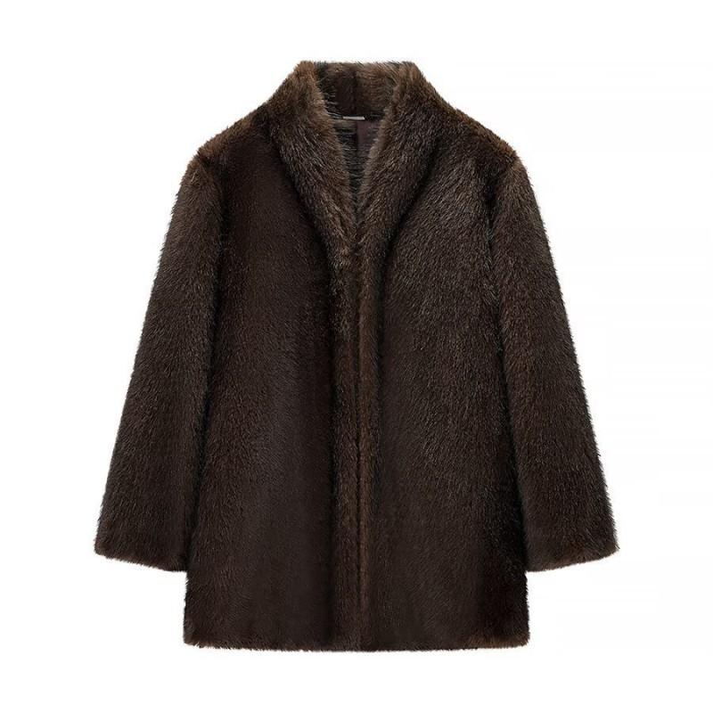 Womens Winter Faux Fur Coat Brown Casual Streetwear Jacket With Lapel Collar Hidden Snap