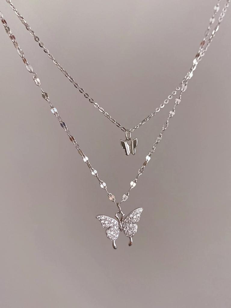 Double Layer Butterfly Necklace for Women, Lats Sparkling Collar Chain, Exquisite Jewelry, Banquet Party, Holiday Gift, 1