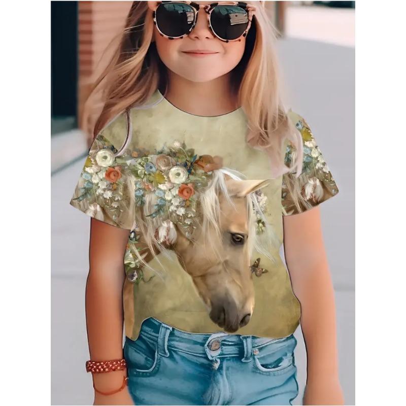 Barnkläder Flicka Söt och Rolig Djur Häst 3D-tryck Grafiska T-shirts Stil Bekväm Rundhalsad Topp T-shirt för Flickor