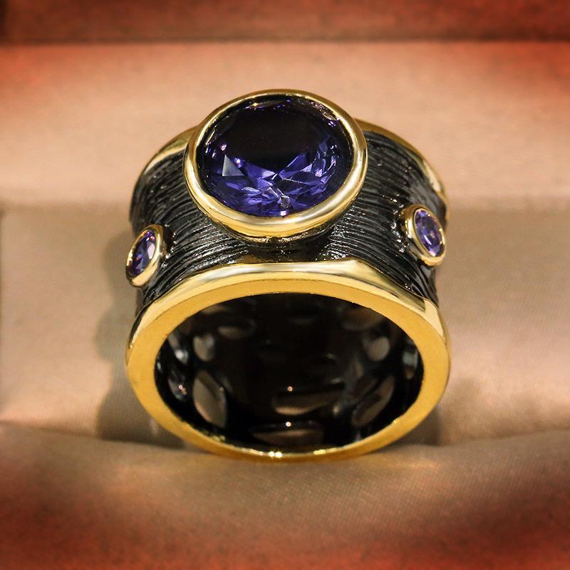 Hot European and N Purple Stone Jewelry with Black Gold Plated Zircon Ring