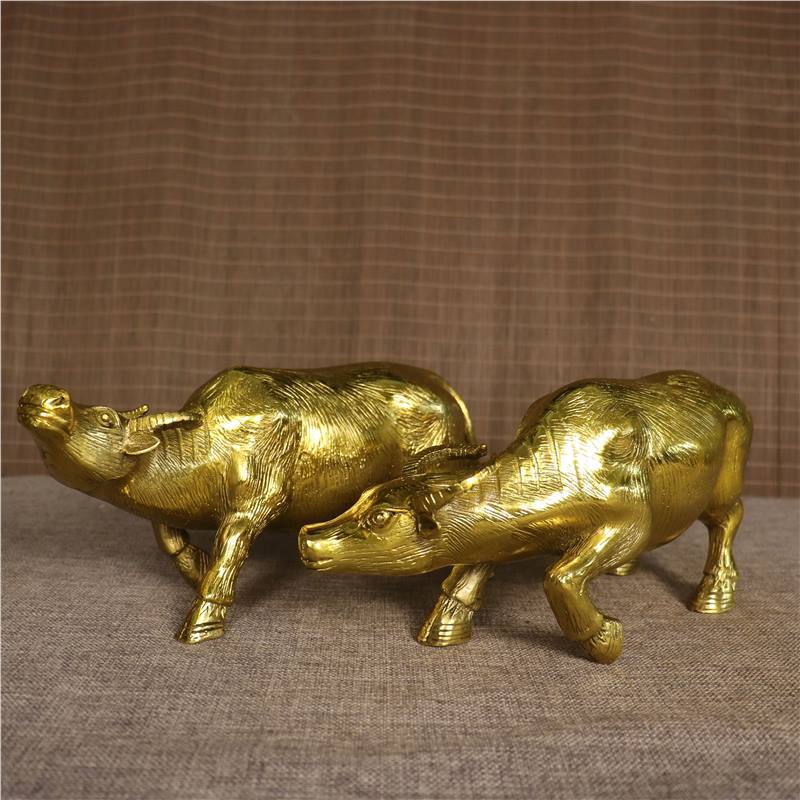 Pure copper buffalo with head up one facing down, a pair of animal desktop decorations for home, office, and livi
