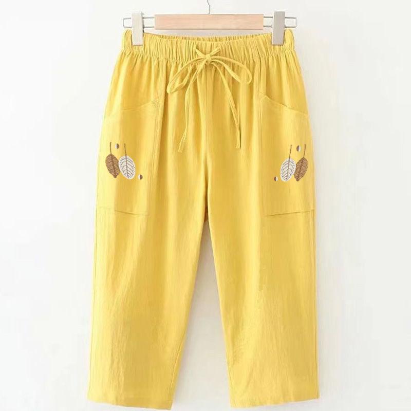 

Летние Новые Однотонные Вышитые Хлопковые Брюки Женские Эластичная Талия Карманы Свободные Удобные Элегантные Шикарные Прямые Брюки XXXL жёлтый