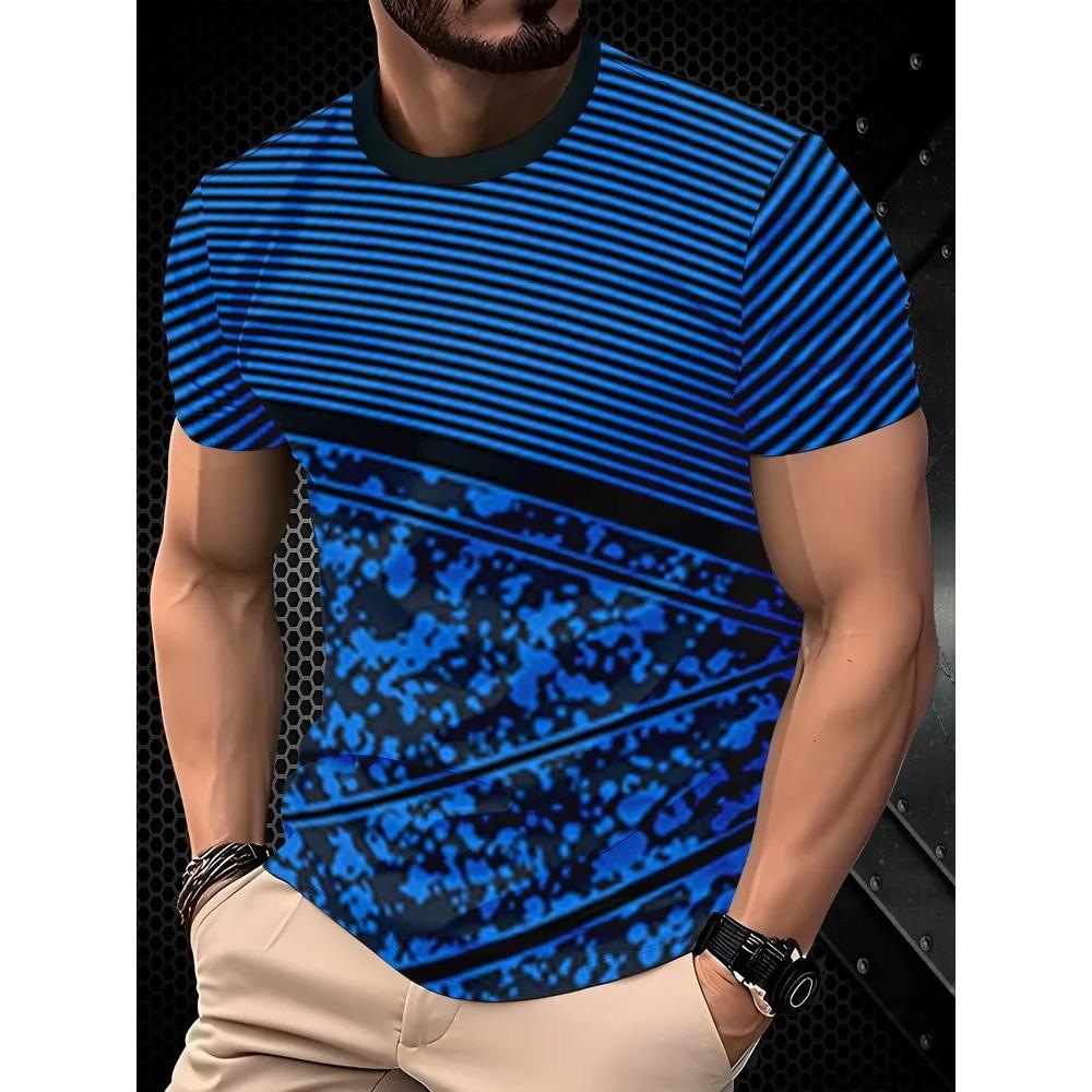 Fashionable Casual Comfortable Breathable Short Sleeved Round Neck T-shirt Summer Large Loose Creative Stripe Geometry 3D Printed Men's T-shirt