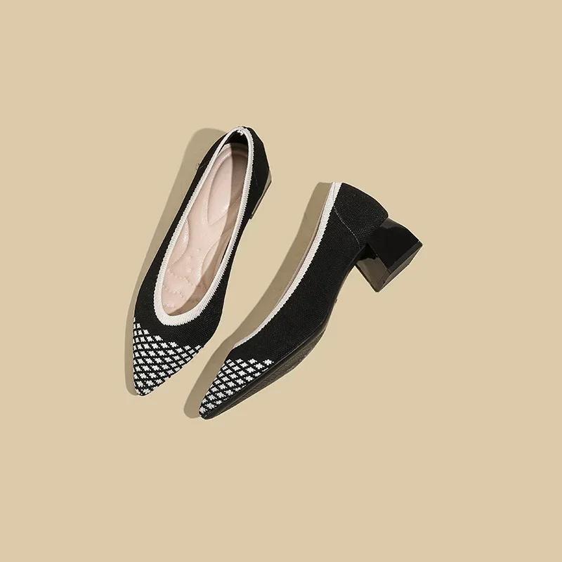 Fashion Spring and Autumn Women High Shoes 2025 New Fashion Pointed Knitting Breathable Comfortable Anti-skid Rubber Soled Work Shoes