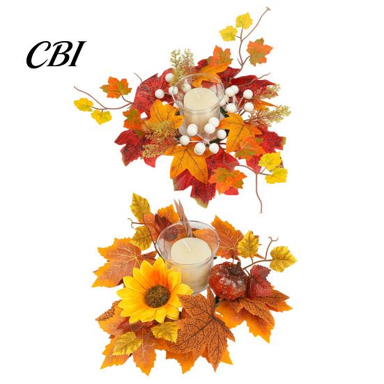 Pillar Candle Holder Autumn Fall Rings Wreaths, Artificial Maple Leaf Ring for Berry And Pumpkin Decor Holder, Thanksgiving Halloween Home Party Table