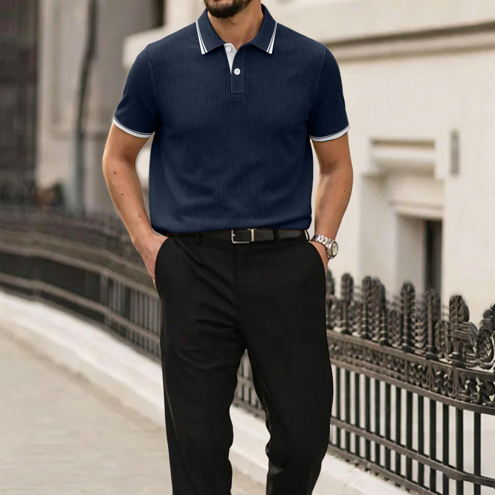 

Men Mesh Knit Short Sleeve Polo Shirt Classic Collar Lightweight Breathable Summer Top for Casual Office Wear XXXL тёмно-синий