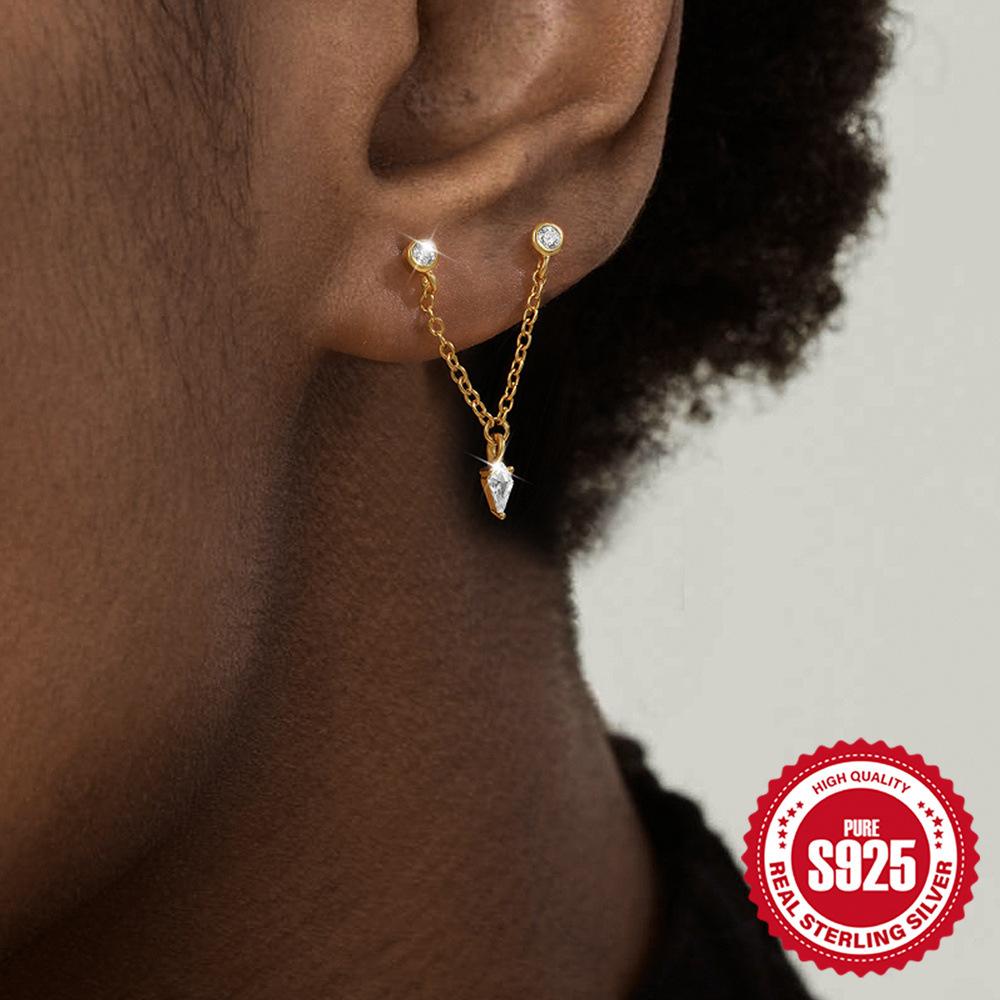 Stylish And Simple S925 Sterling Silver Heart-Shaped Love Diamond-Encrusted Chain-Type Fringed Earrings, Stud Earrings, Earline Women