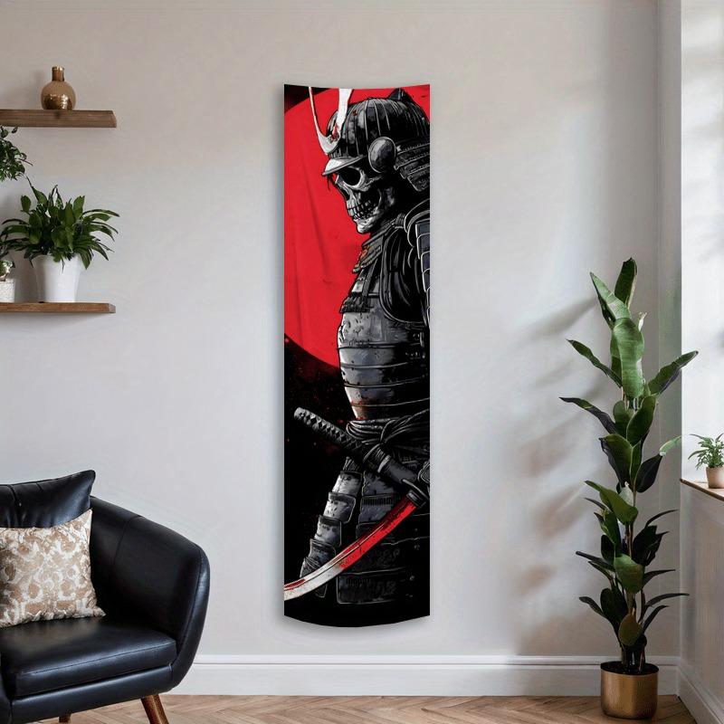 Skeleton Samurai Long Tapestry, Red Sun Black Armor Print Wall Hanging, Bushido Samurai Themed Decor For Bedroom & Living Room
