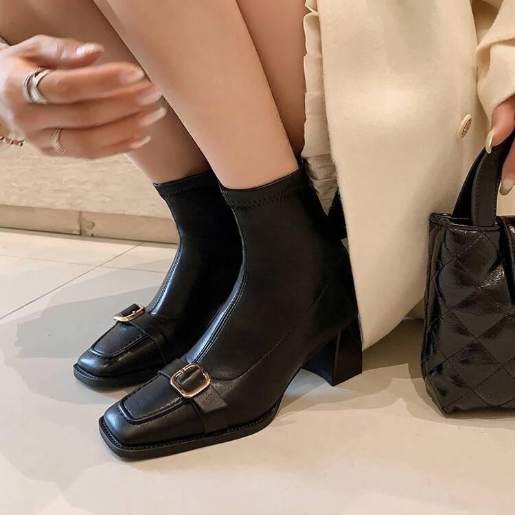 2025 Metal Square Buckle High-heeled Elastic Boots Square Head Thick Heel Commuting Large Size French Short Boots Women's Spring and Autumn Single Boo