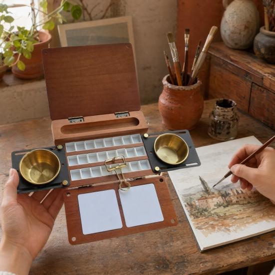 24-Fächer Aquarellpalette Box, Reise-Farbpalette mit Pinselhaltern, Zwei Mischflächen, Tragbare Holz-Farbkasten für Malen im Freien, Studio