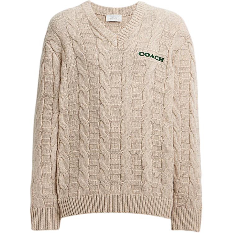 

Coach FW24 Logo Cable Knit V-Neck Long Sleeve Sweater Men sweater Light-Brown CT741-OTM S