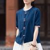 Women Vintage Shirts Tops Summer Chinese Style Button Short Sleeve Solid Color Blouses
