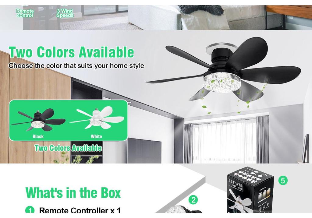 E27 Crystal Ceiling Fan Light with Remote Control - LED Six-Blade for Bedrooms