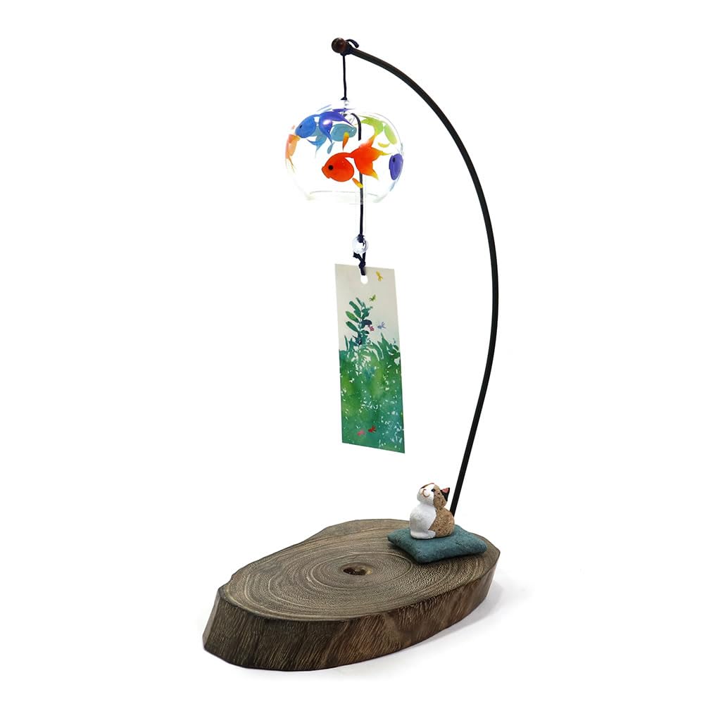 

Музыка ветра Стекло Аидзу павловния настольный колокольчик Ветер Разные золотые рыбки и трехцветная кошка С куклой-пилой из павловнии Отделка Киномото Аидзу Китаката Ручная работа