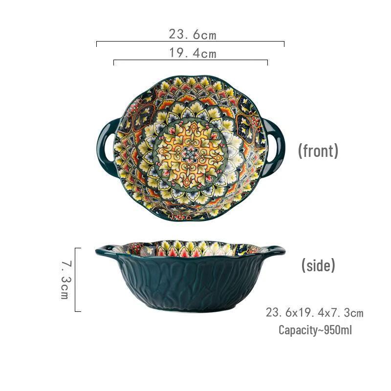 Abay Ethnic Floral Ceramic Anti-Scald Noodle Bowl with Handles
