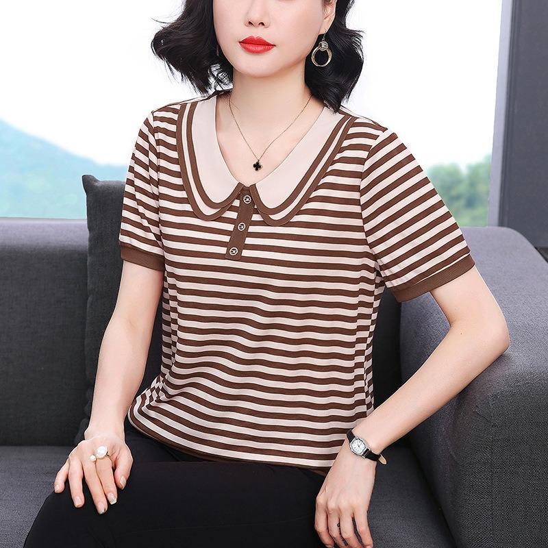 Loose Short-sleeved Summer New Style Doll Collar Plus Size Women's Striped Contrast Top