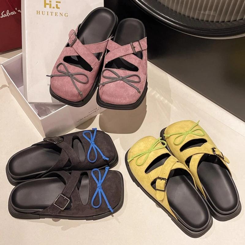Zapatillas Planas de Moda con Lazo para Mujer Mules de Diseñador Zapatos Sandalias Cuadradas para Mujer 2025 Chanclas para Caminar Chanclas de Verano para Caminar Zapatos de Mujer