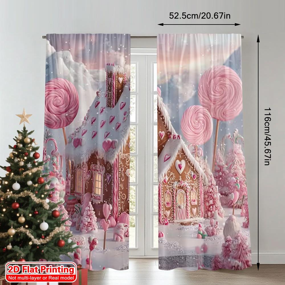 2Pcs 2D Flat Printing Fashionable Christmas Curtains Gingerbread Candy Cane_ Cute Pink Brown Digital Printed Polyester Drapes
