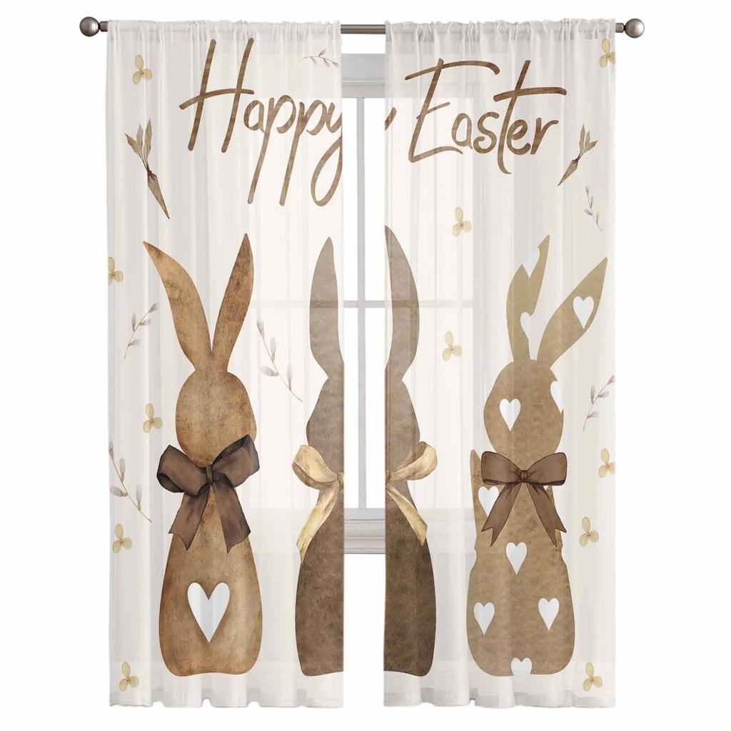 Easter Brown Plaid Rabbit Retro Sheer Curtains For Living Room Kitchen Window Curtains Bedroom Tulle Voile Curtains
