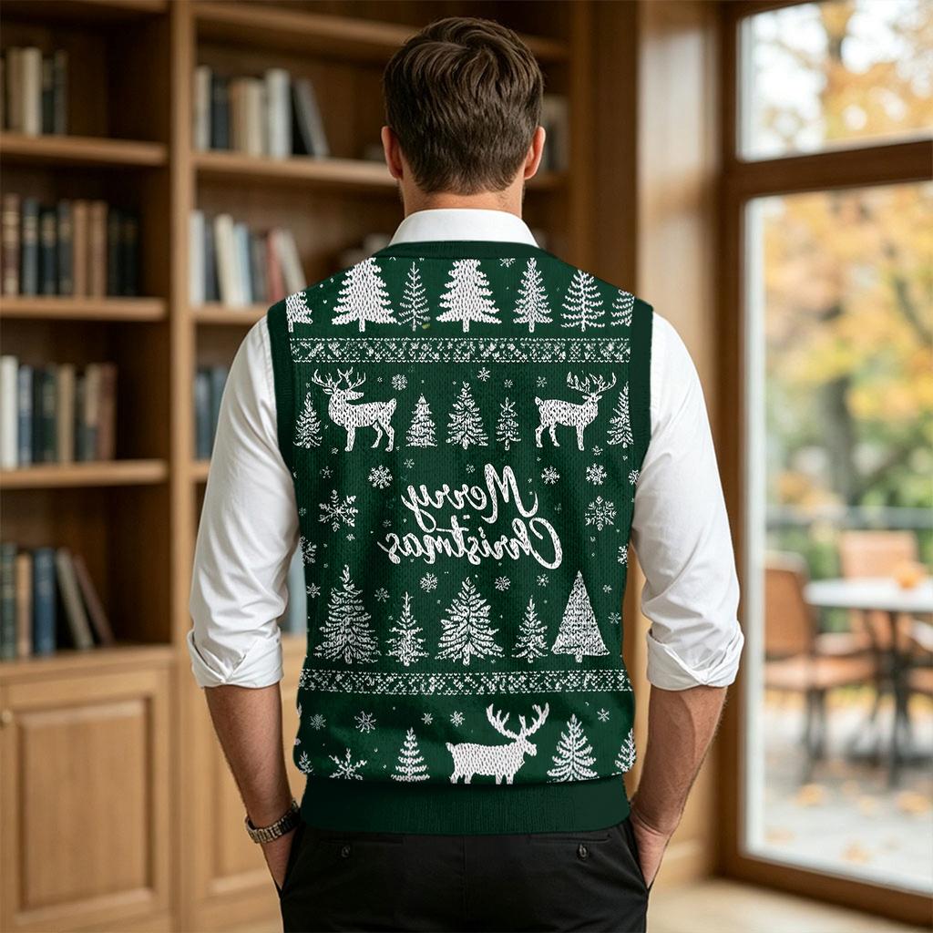 Men's Casual Wool V-Neck Knit Vest with Christmas Print for Commute and Daily Wear
