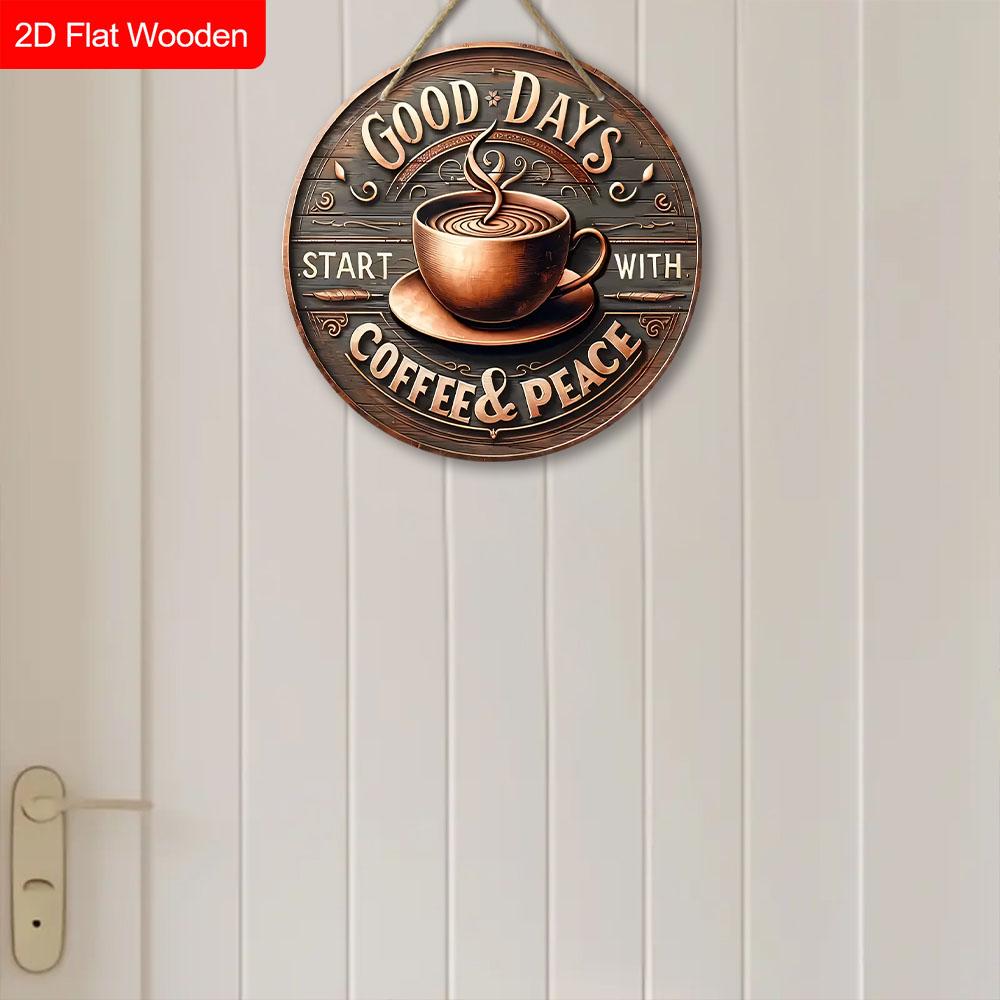 Good Days Wooden Sign with Coffee Theme - Retro Round Sign with Inspirational Quote - Ideal for Kitchen, Home, Office, Cafe Decor