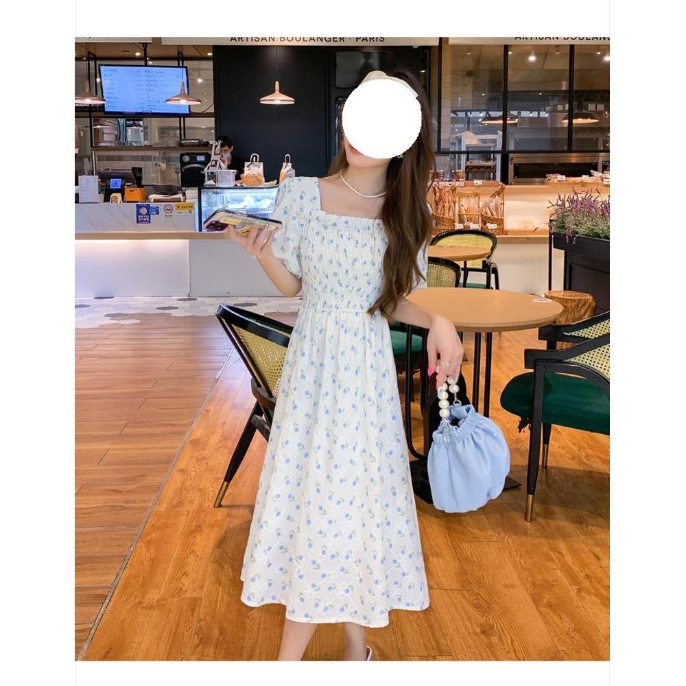 Square Collar Floral Dress Mori Girl Summer New Small Gentle Wind Thin Medium and Long Skirt New