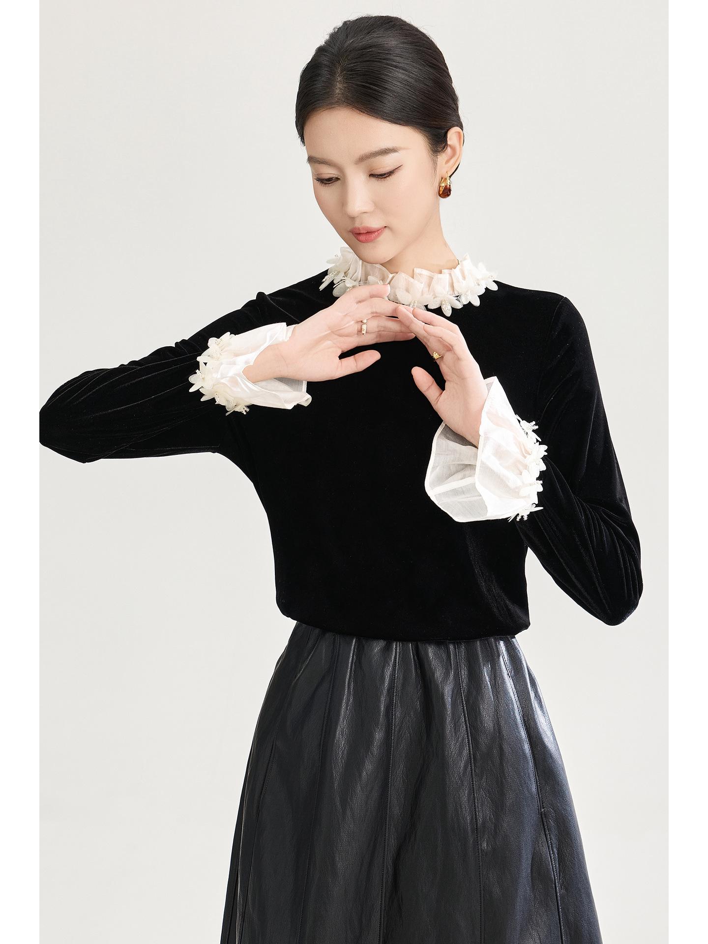 

French Romantic Chic Lace Collar Fabric Shirt - Autumn/Winter Style XXL чорний