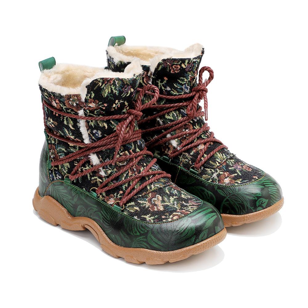 Johnature Botas curtas de inverno femininas quentes e confortáveis, feitas à mão, em couro legítimo, estampado, emendado, pelúcia, retrô