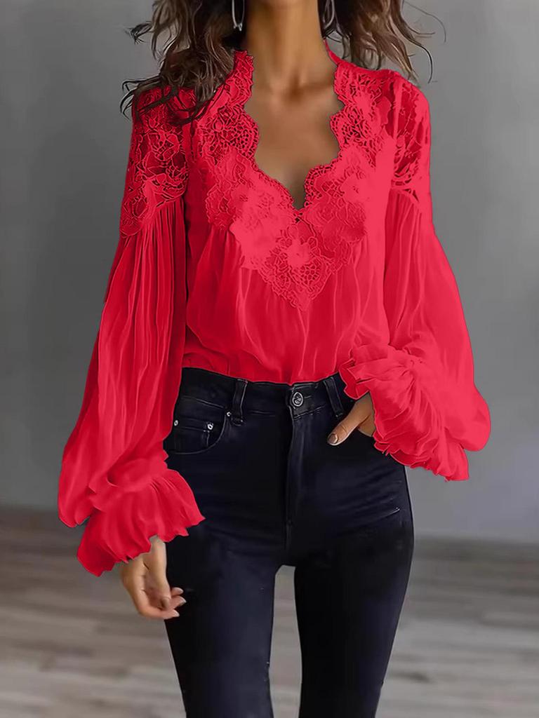 Camicia da Donna con Patchwork di Pizzo, Maniche a Sbuffo e Pieghe