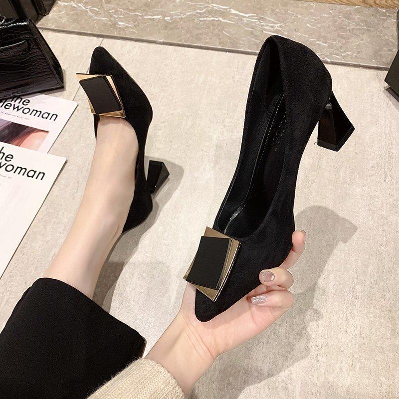 Pointed Suede Fashion Single Shoes Women's Autumn New Square Buckle Versatile High Heels Thick Heel