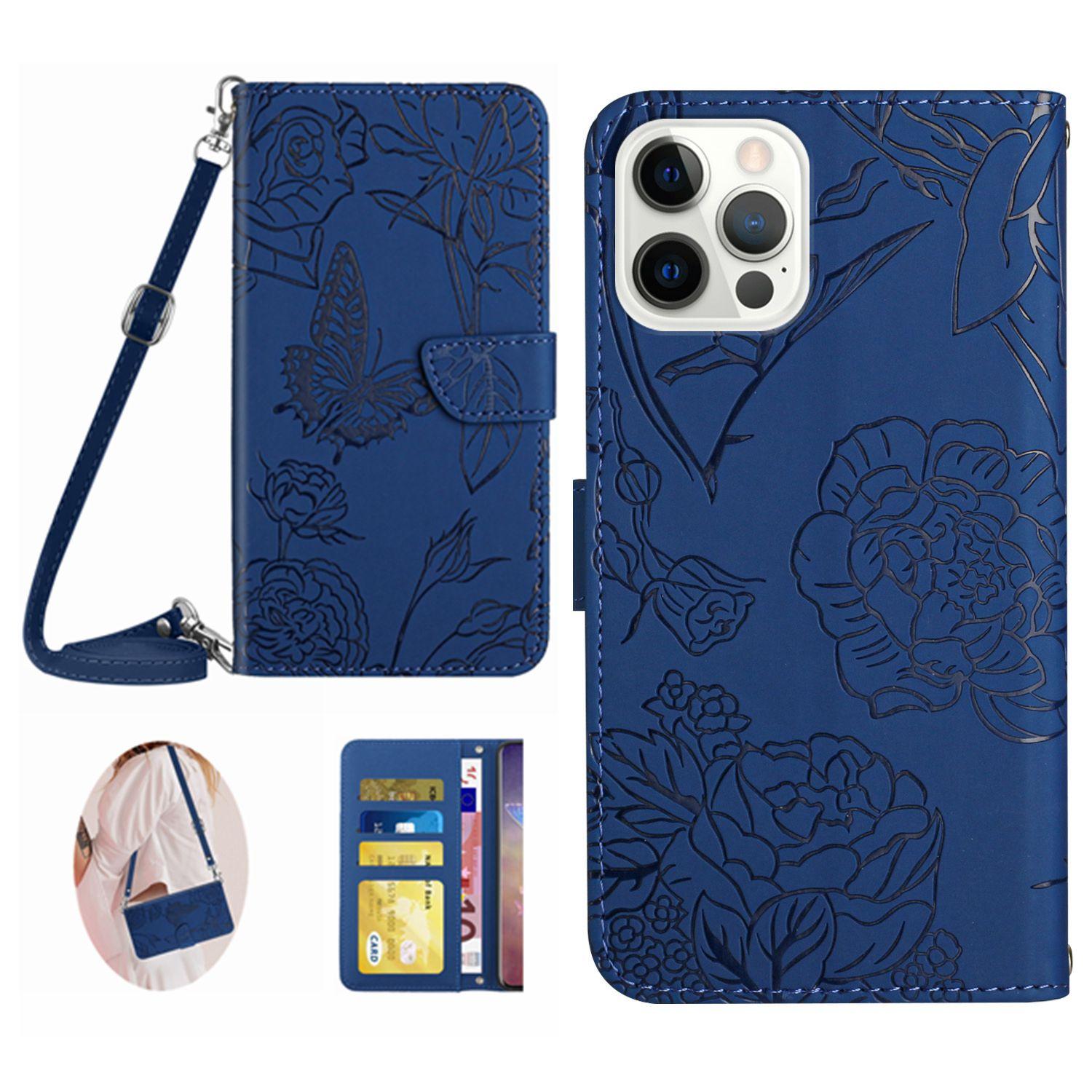 

HT03 For iPhone 16 Pro Crossbody Case Wallet Butterfly Flowers Leather Phone Cover Blue