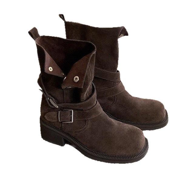 Cowhide Version! Retro Thick Heel Folded Two Women's 2025 New Thin Thick-soled Medium Boots Autumn