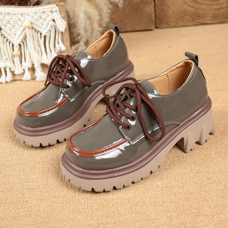Large size color matching small leather shoes college style thick sole heightening lace-up