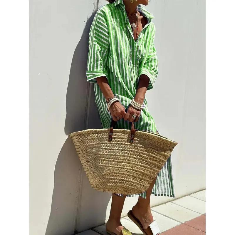 Women Shirt Dress Lapel Half Sleeve Striped Geometric Print Side Slit Long Shirt Dress With Belt Fall Casual Dresses