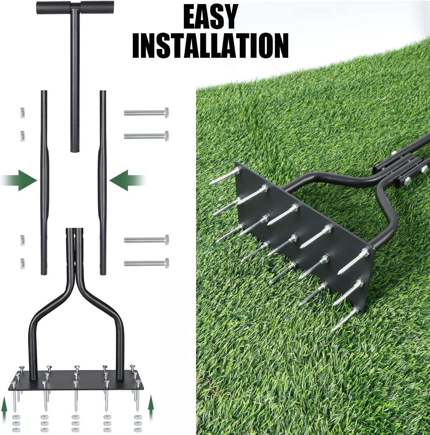 Lawn Aerator Spike Manual Tool with 15 Iron Spikes 2 in 1 Grass Soil Aeration Tool for Lawn Air Aerator Garden & A Cleaning Tool
