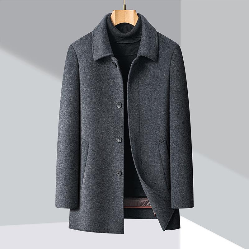 Winter Thick Double-sided Woolen Coat for Middle-aged Men, Wool Coat, Down Dad Outfit, Medium-length Cashmere Windbreaker for Men