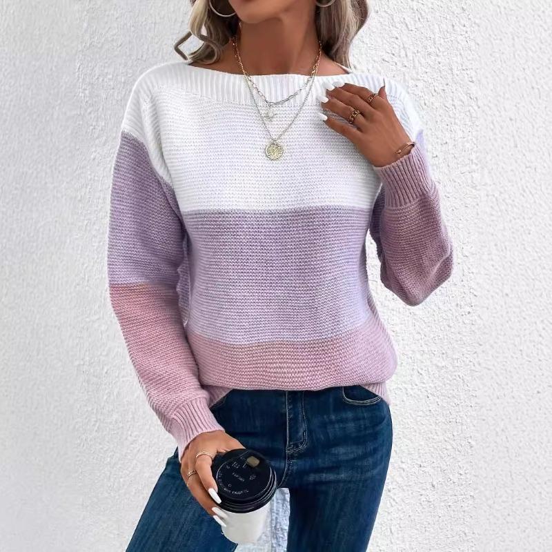 Autumn and winter crew neck splicing versatile striped sweater women's lazy style top loose large size pullover knitted sweater