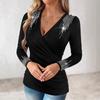 Spring Autumn Women's Plus Size Solid Color Hot Rhinestone V-neck Long Sleeve T-shirt Top