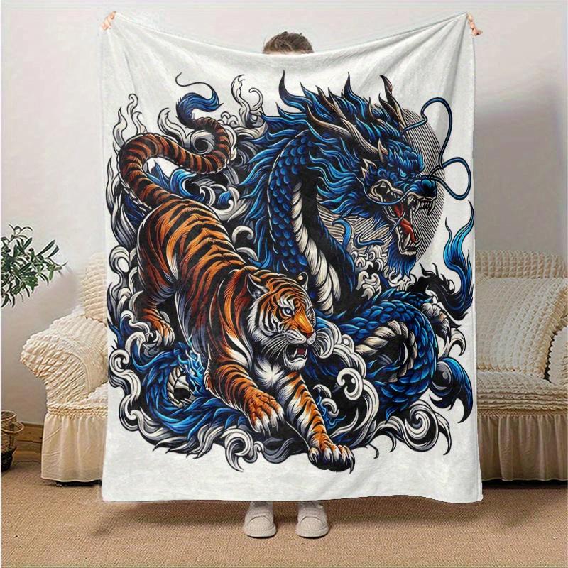 1 szt. Koc Niebieski Smok vs Tygrys Miękki koc do dekoracji pokoju, Idealny prezent, Salon, Podróż, Kemping, Kocy do samochodu