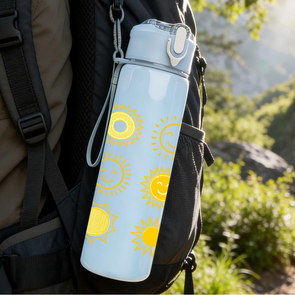 1PC Multi Sun Repeat Pattern 750ml Color Plastic Sports Water Bottle Leakproof Flip Straw Lid Suitable for Sports Office Home Use