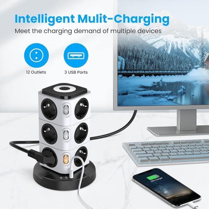 Multiprise - Acodot - Tower 12 Compartiments - 3 Ports USB - 2500W - Protection Surtension