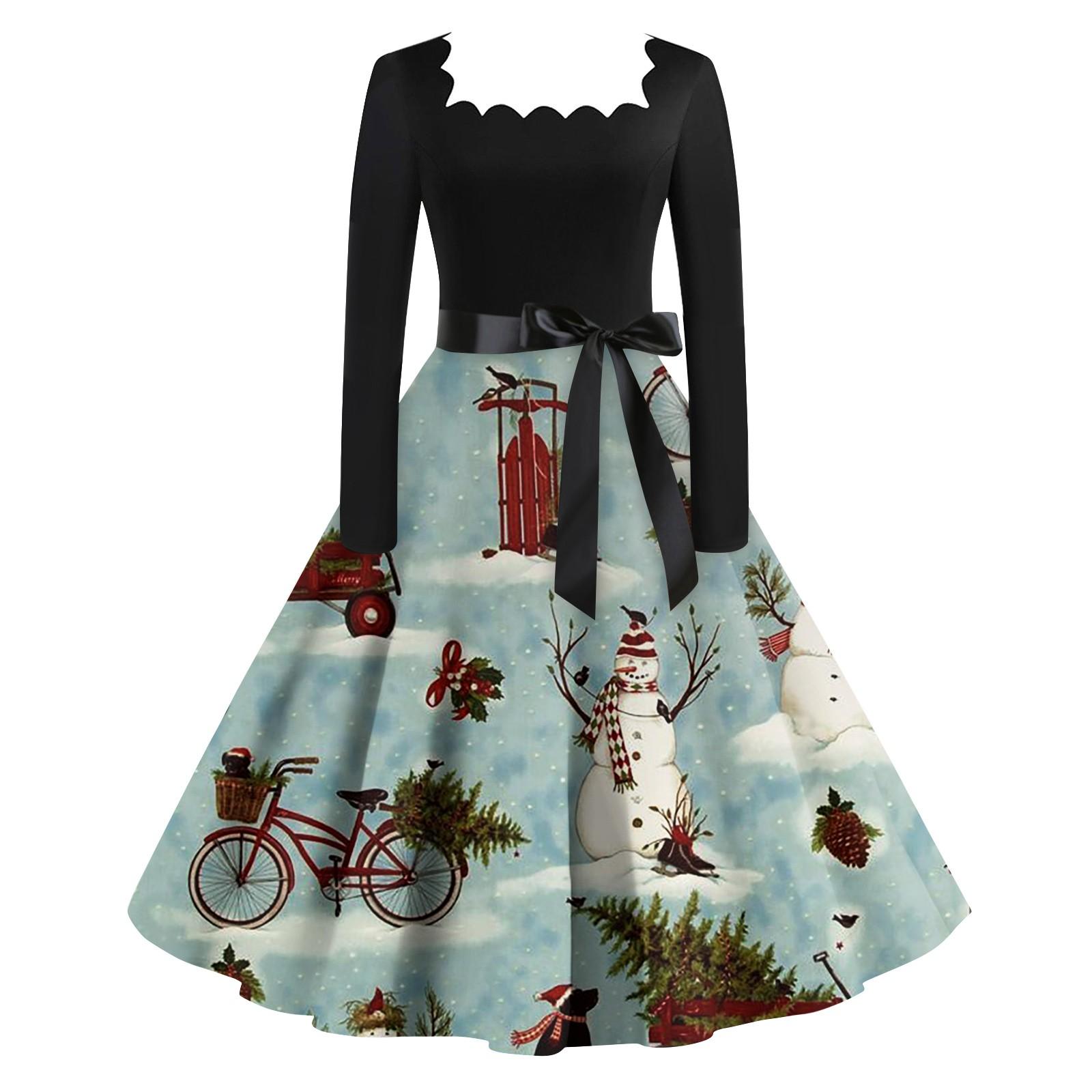 Женская мода винтаж с длинным рукавом квадратный вырез рождественский принт вечерние — фото 5